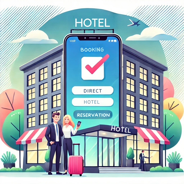 Modern bir otelin önünde büyük bir akıllı telefon ekranında online rezervasyon seçeneği. Otel misafirleri ve resepsiyon alanı.